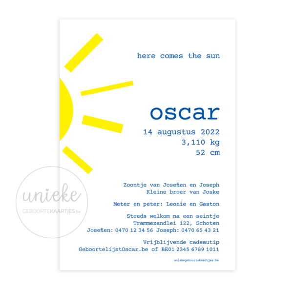 Achterkant van het geboortekaartje van Oscar