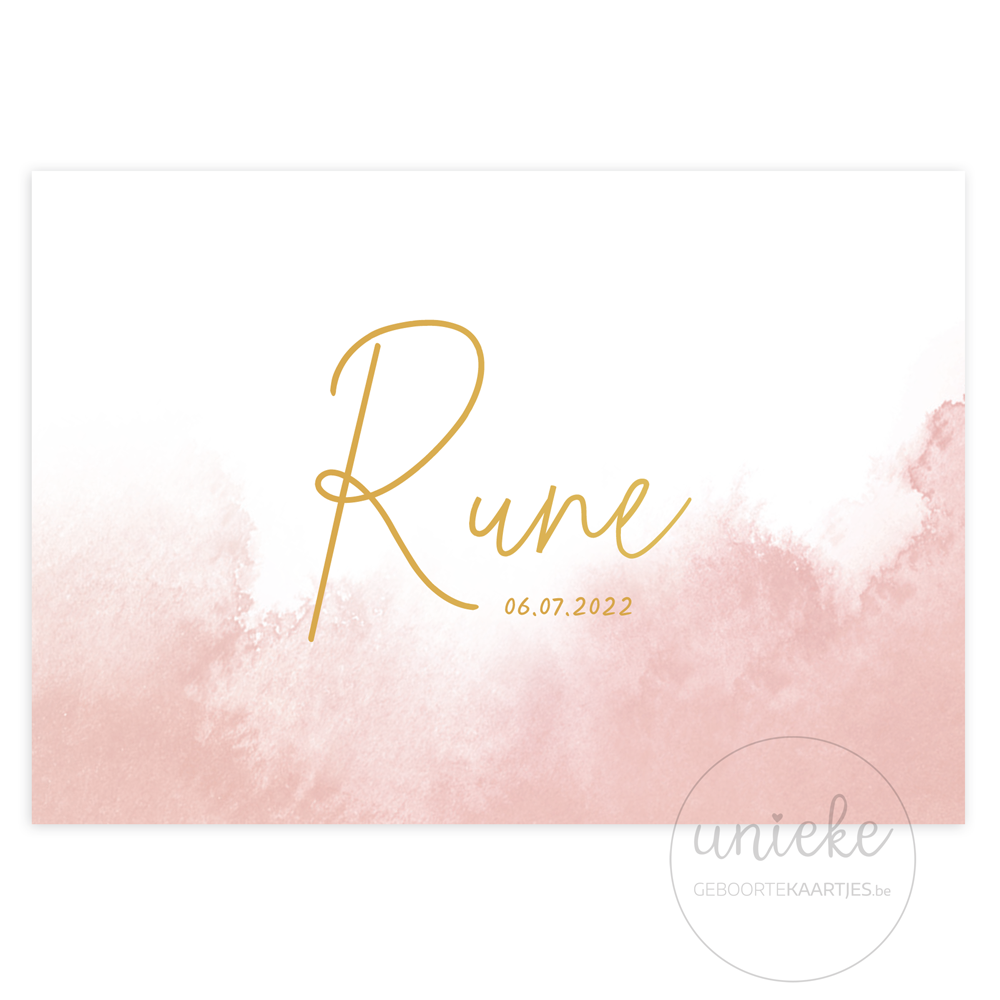 Geboortekaartje Rune Roze Voorkant Voorkant van het geboortekaartje van Rune