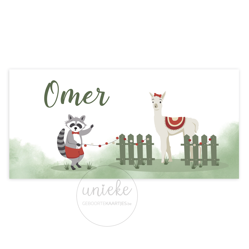 Geboortekaartje Omer Wasbeer Alpaca Voorkant Voorkant van het geboortekaartje van Omer