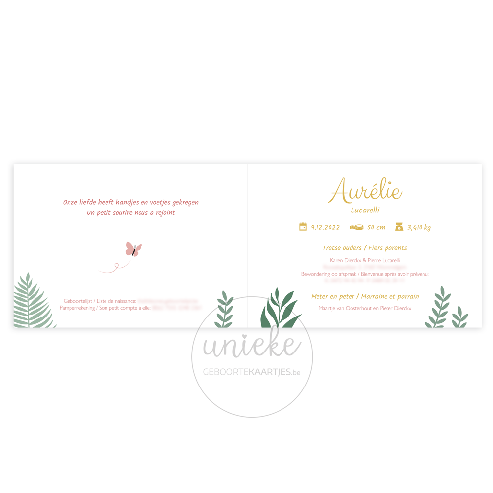 Binnenkant van het geboortekaartje van Aurelie