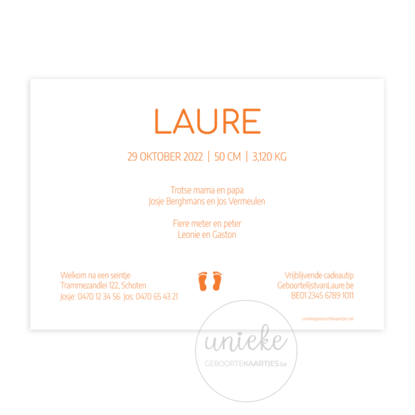 Achterkant van het geboortekaartje van Laure