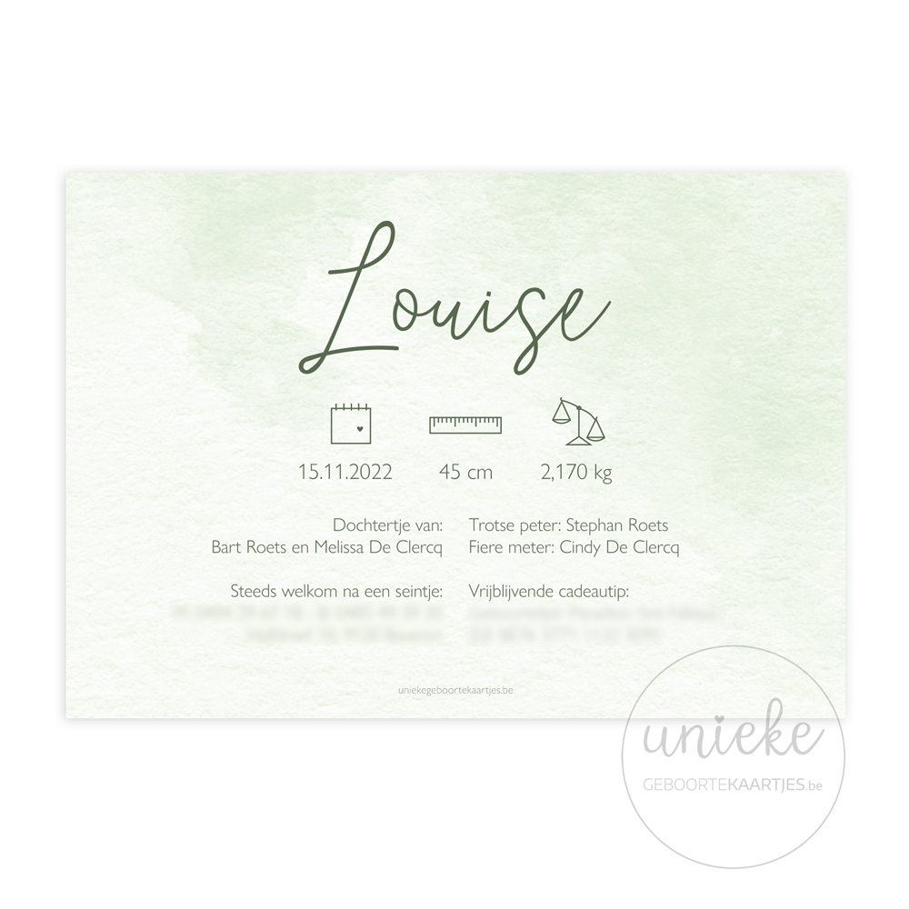 Geboortekaartje Louise Bloemen Achterkant Op Maat Achterkant van het geboortekaartje van Louise