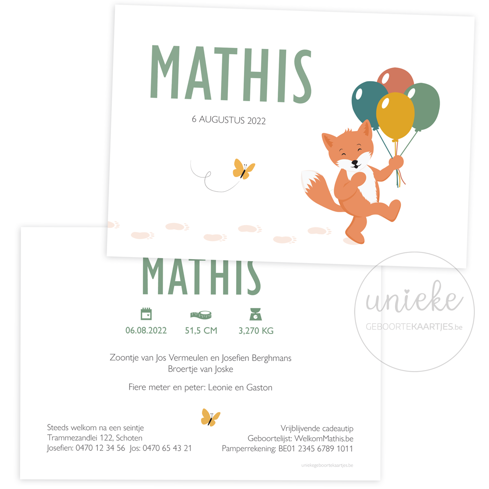 Geboortekaartje van Mathis met een vosje