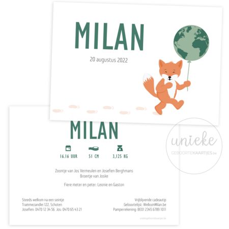 Geboortekaartje van Milan met een vosje