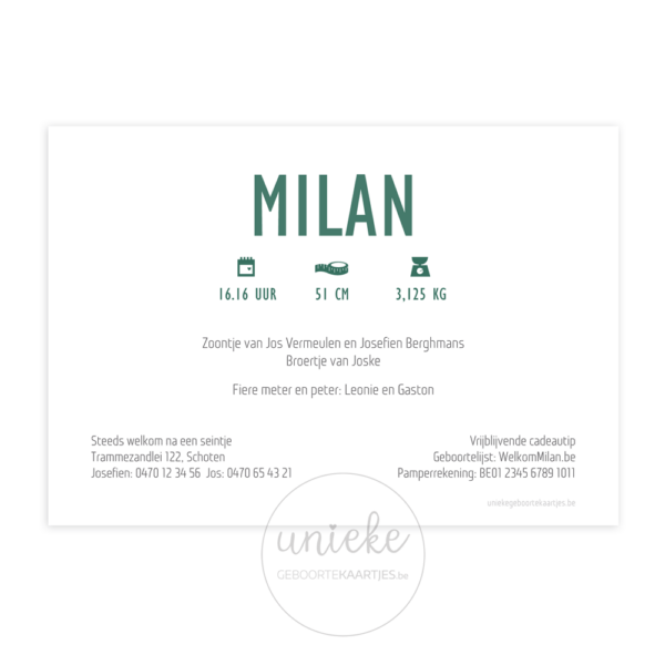 Achterkant van het geboortekaartje van Milan
