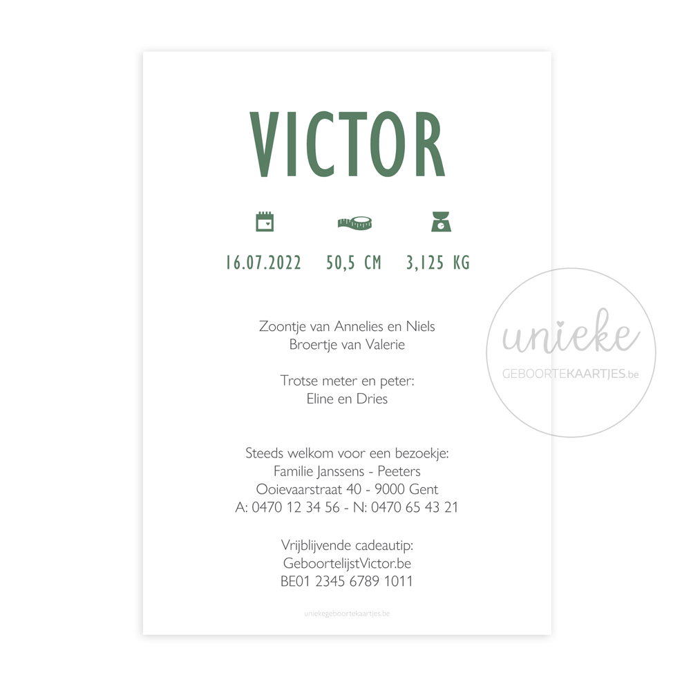 Achterkant van het geboortekaartje van Victor