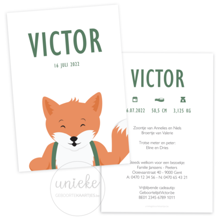Voorkant en achterkant van het geboortekaartje van Victor