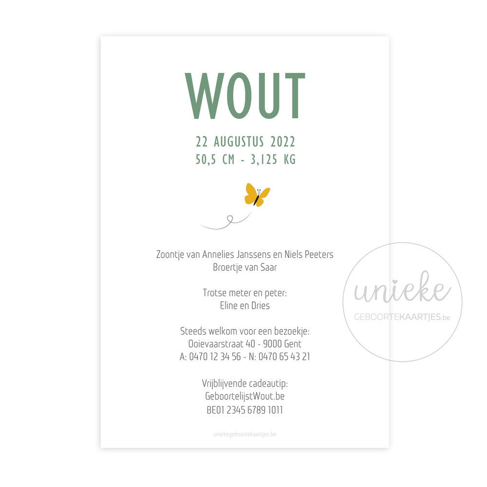 Achterkant van het geboortekaartje van Wout