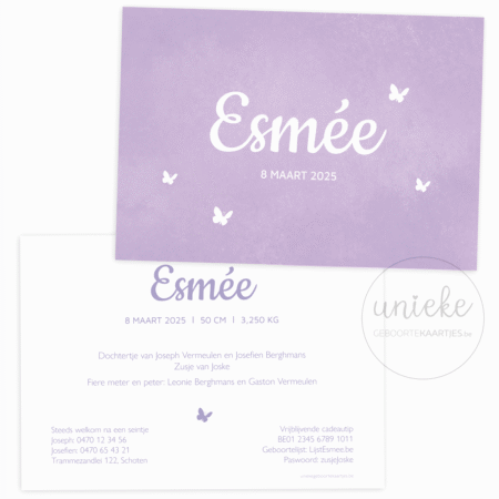 Geboortekaartje van Esmée met een vlinder