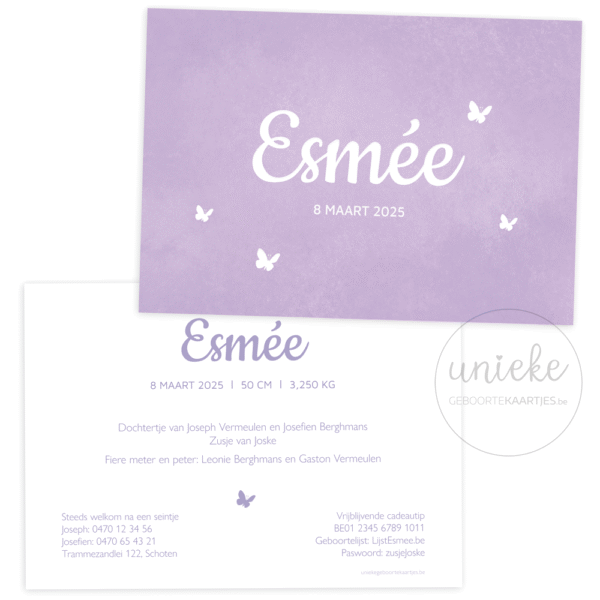 Geboortekaartje van Esmée met een vlinder