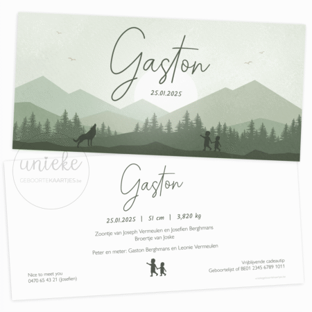 De voorkant en de achterkant van het geboortekaartje van Gaston