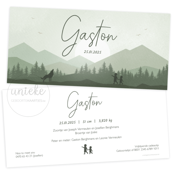 De voorkant en de achterkant van het geboortekaartje van Gaston