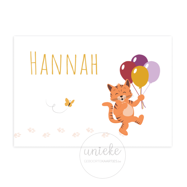 De voorkant van het geboortekaartje van Hannah met een katje