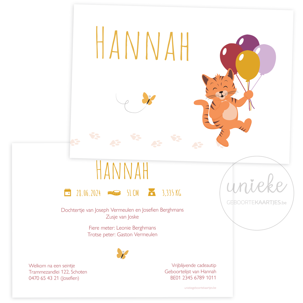 geboortekaartje-hannah-kat De voorkant en de achterkant van het kaartje van Hannah met een katje