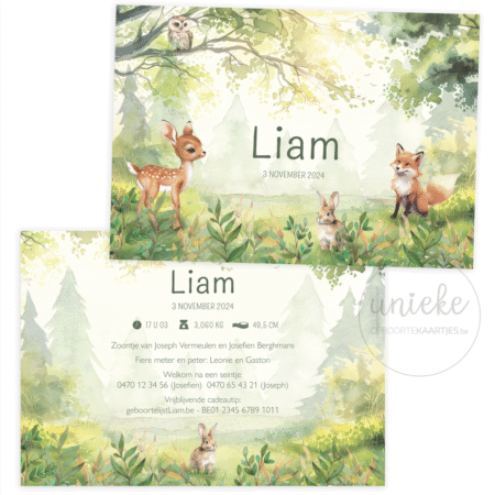 Het geboortekaartje van Liam met dieren van het bos