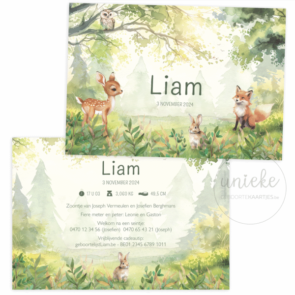 Het geboortekaartje van Liam met dieren van het bos
