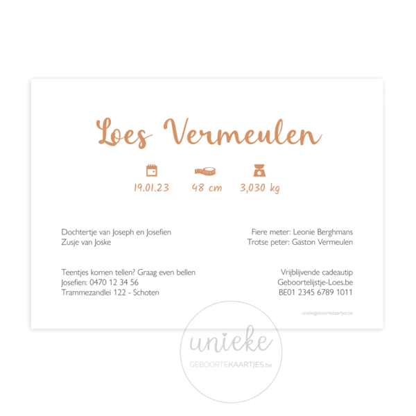 Achterkant van het geboortekaartje van Loes