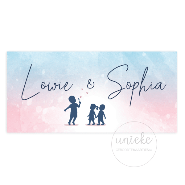 De voorkant van het geboortekaartje van tweeling Lowie en Sophia