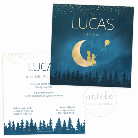 De voorkant en de achterkant van het geboortekaartje van Lucas