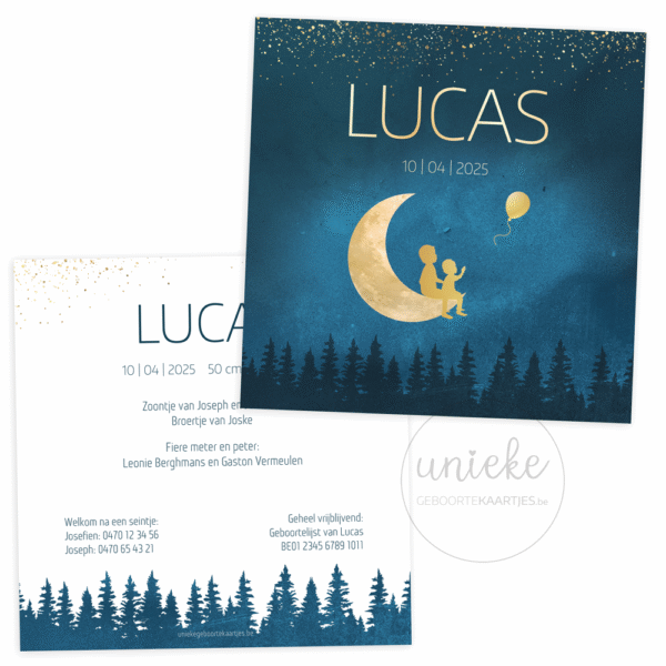 De voorkant en de achterkant van het geboortekaartje van Lucas