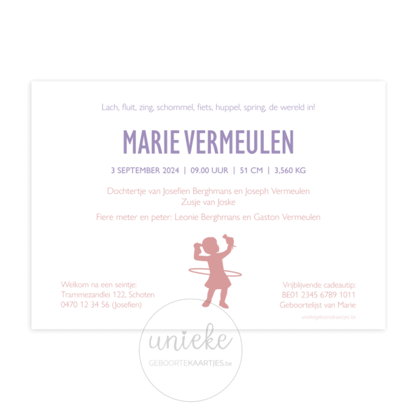 De achterkant van het geboortekaartje van Marie