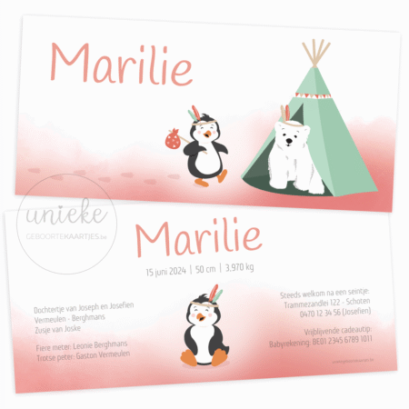 De voorkant en de achterkant van het geboortekaartje van Marilie