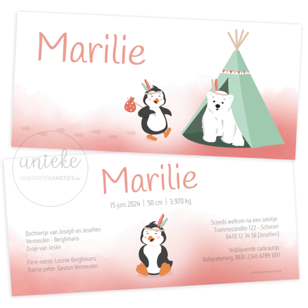 De voorkant en de achterkant van het geboortekaartje van Marilie