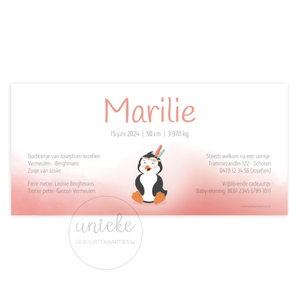 De achterkant van het geboortekaartje van Marilie met een pinguïn en een ijsbeer