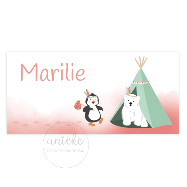 De voorkant van het geboortekaartje van Marilie met een pinguïn en een ijsbeer