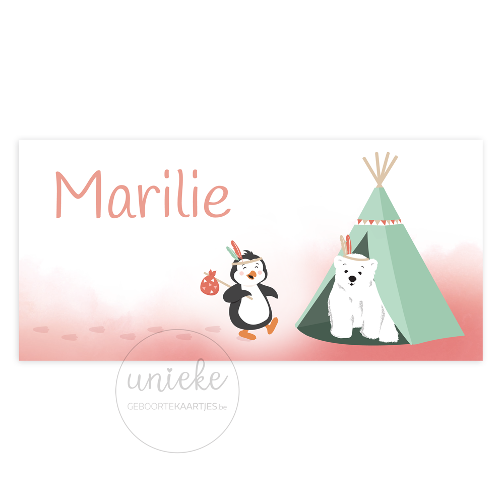 geboortekaartje-marilie-pinguin-voorkant De voorkant van het geboortekaartje van Marilie met een pinguïn en een ijsbeer