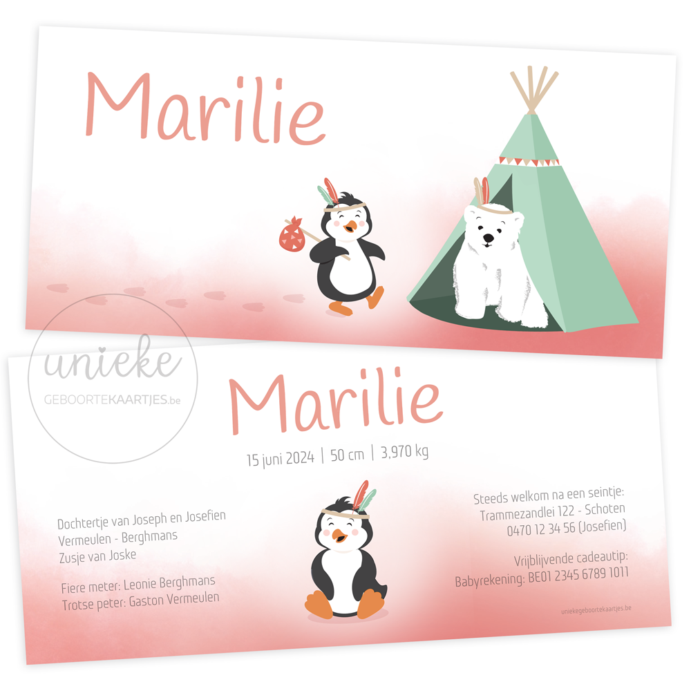 geboortekaartje-marilie-pinguin De voorkant en de achterkant van het geboortekaartje van Marilie