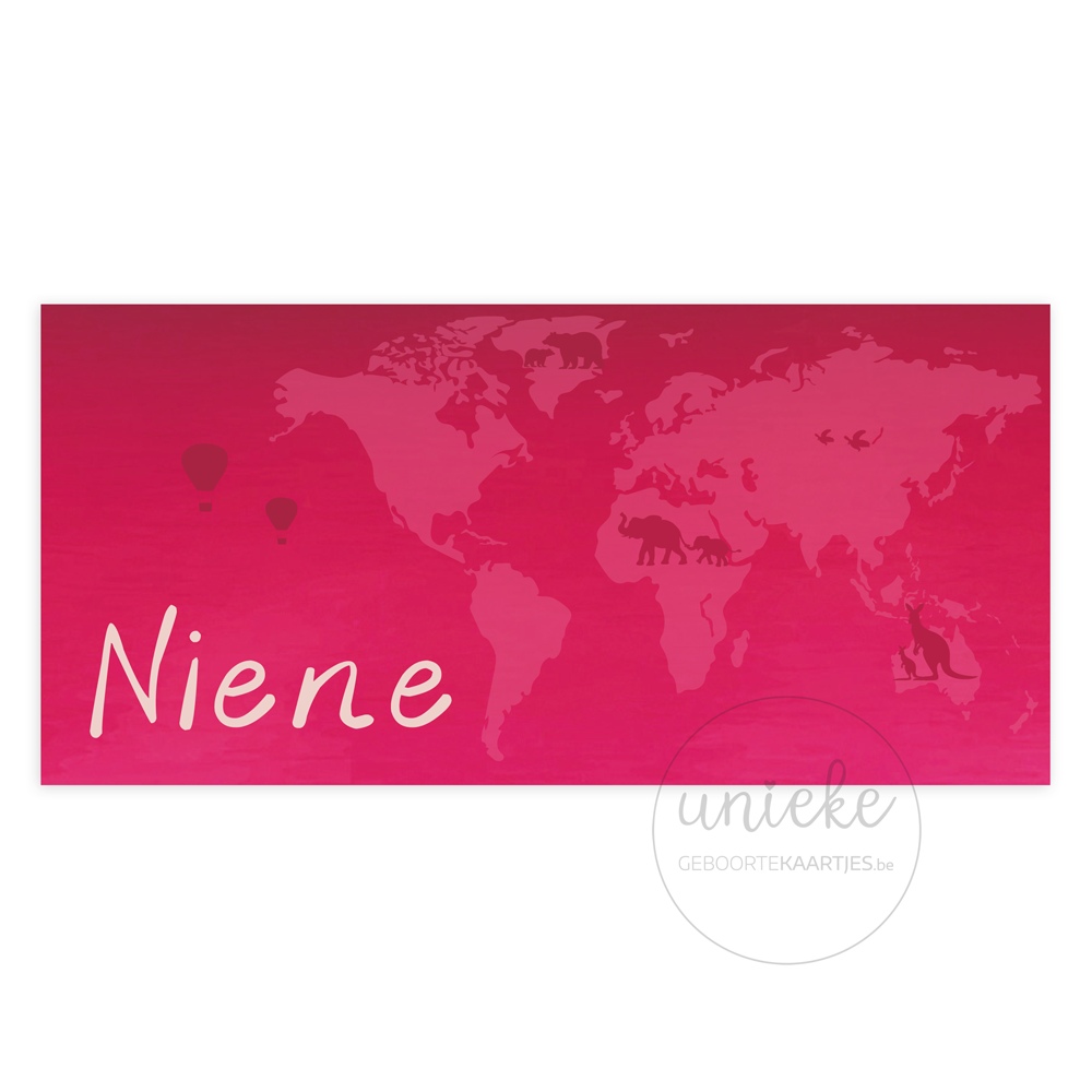 geboortekaartje-niene-wereld-voorkant De voorkant van het geboortekaartje van Niene met wereldkaart