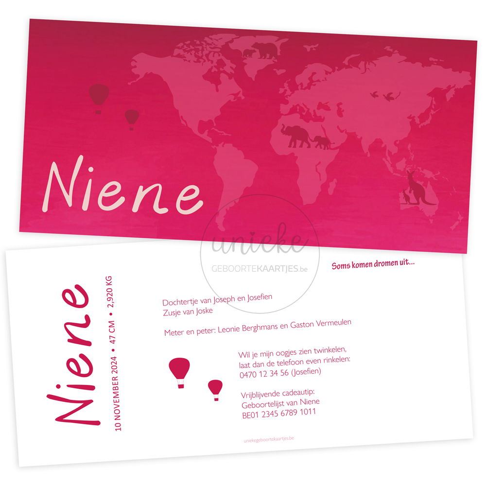geboortekaartje-niene-wereld De voorkant en de achterkant van het geboortekaartje van Niene met wereldkaart