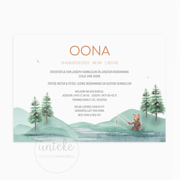 De achterkant van het kaartje van Oona met beren aan het kampvuur
