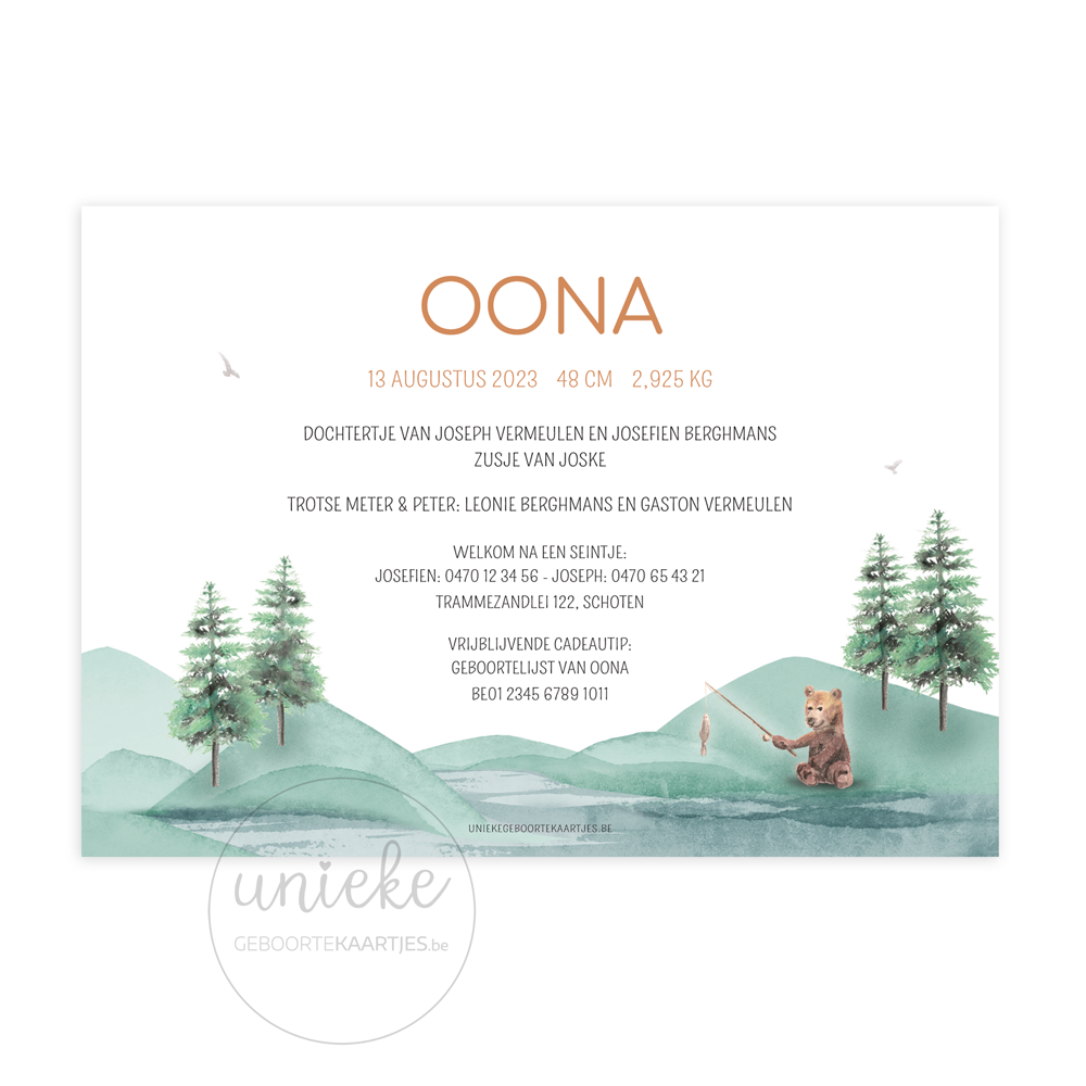 geboortekaartje-oona-kampvuur-achterkant De achterkant van het kaartje van Oona met beren aan het kampvuur