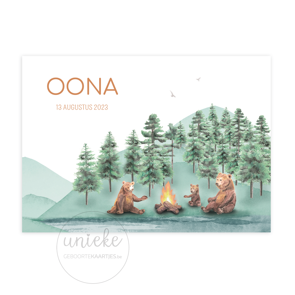 geboortekaartje-oona-kampvuur-voorkant De voorkant van het geboortekaartje van Oona met beren aan het kampvuur