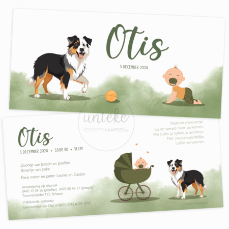 De voorkant en de achterkant van het geboortekaartje van Otis met een hond