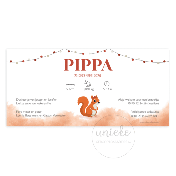 De achterkant van het geboortekaartje van Pippa