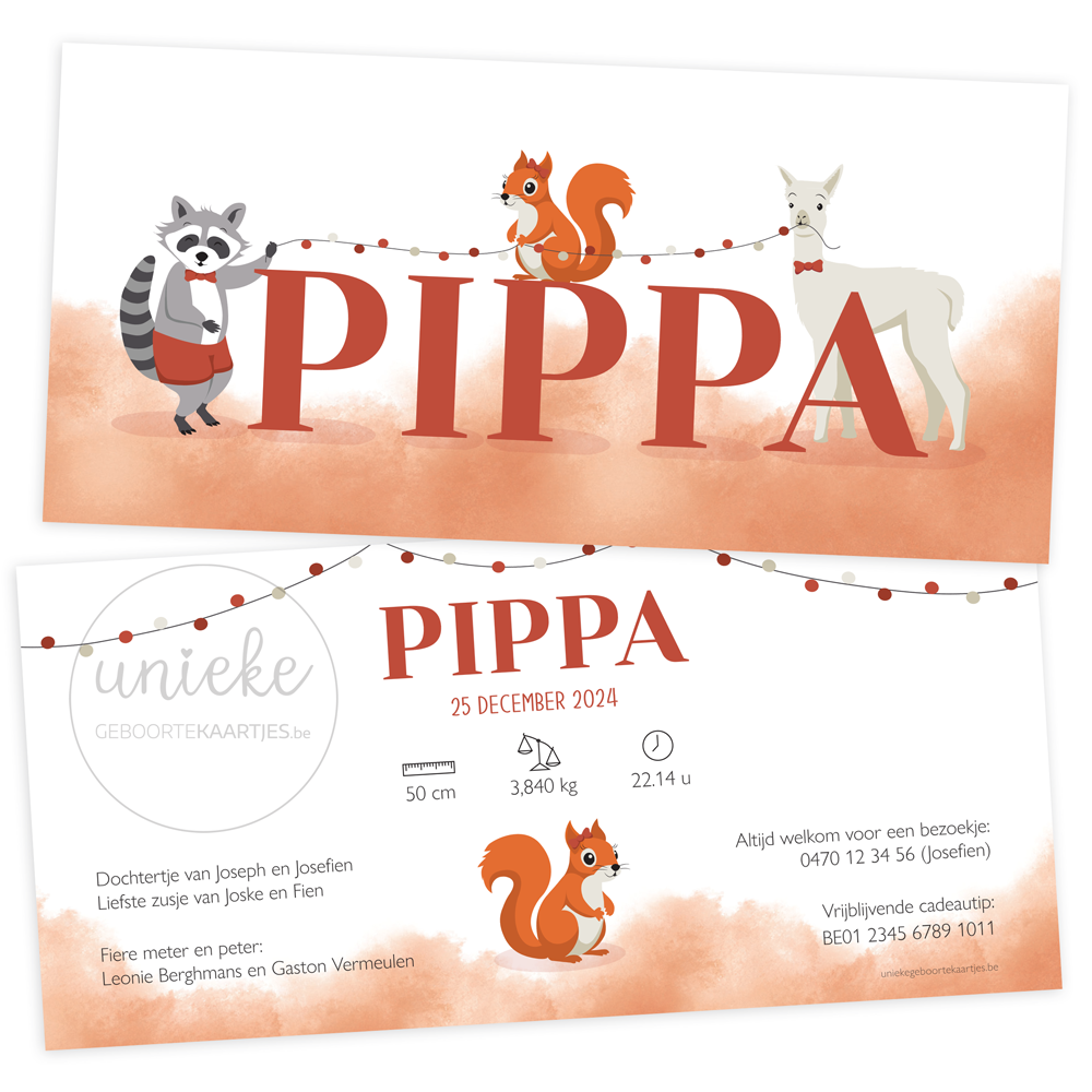 geboortekaartje-pippa-eekhoorn De voorkant en de achterkant van het geboortekaartje van Pippa