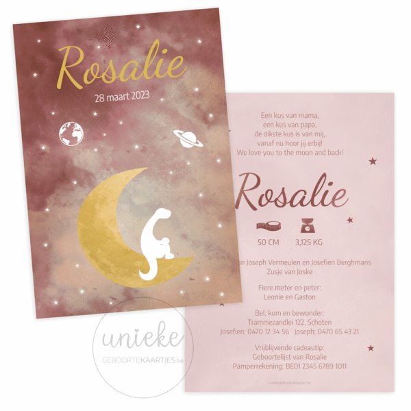 Het geboortekaartje van Rosalie met een maan en een dino in de ruimte