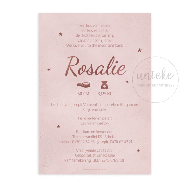 De achterkant van het geboortekaartje van Rosalie