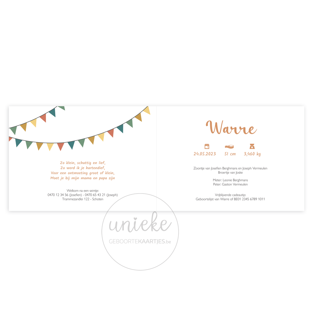 geboortekaartje-warre-vlaggenlijn-binnenkant-dubbel De binnenkant van het dubbele kaartje van Warre met vlaggenlijn