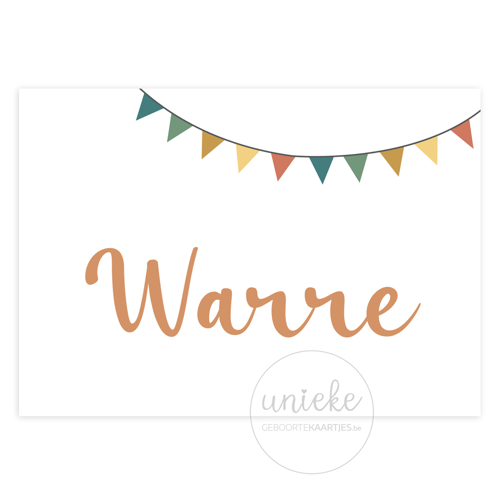 geboortekaartje-warre-vlaggenlijn-voorkant De voorkant van het geboortekaartje van Warre met een vlaggenlijn