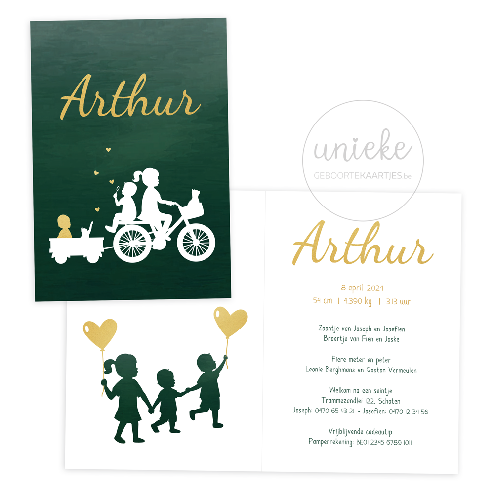 De voorkant en de binnenkant van het kaartje van Arthur met drie kindjes op de fiets