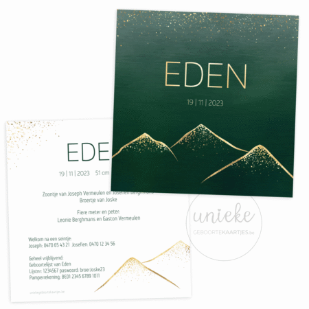 De voorkant en de achterkant van het geboortekaartje van Eden met bergen op