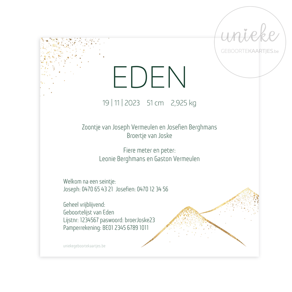 De achterkant van het geboortekaartje van Eden met bergen op