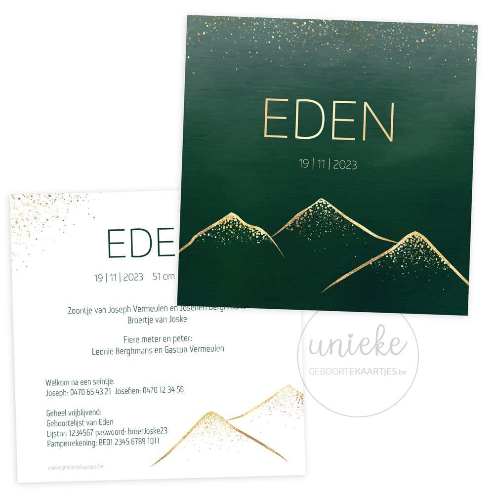 De voorkant en de achterkant van het geboortekaartje van Eden met bergen op