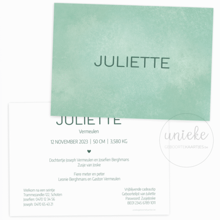 De voorkant en de achterkant van het kaartje van Juliette