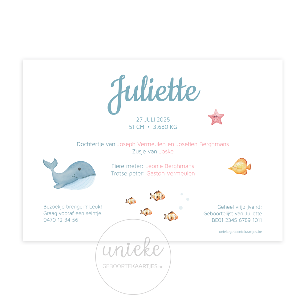 geboortekaartje-juliette-zeedieren-achterkant De achterkant van het geboortekaartje van Juliette met zeedieren