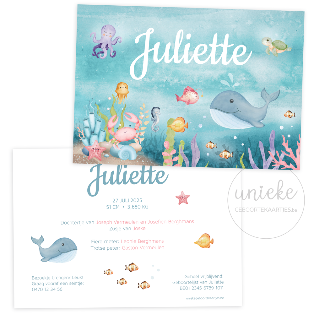 geboortekaartje-juliette-zeedieren De voorkant en de achterkant van het geboortekaartje van Juliette met zeedieren